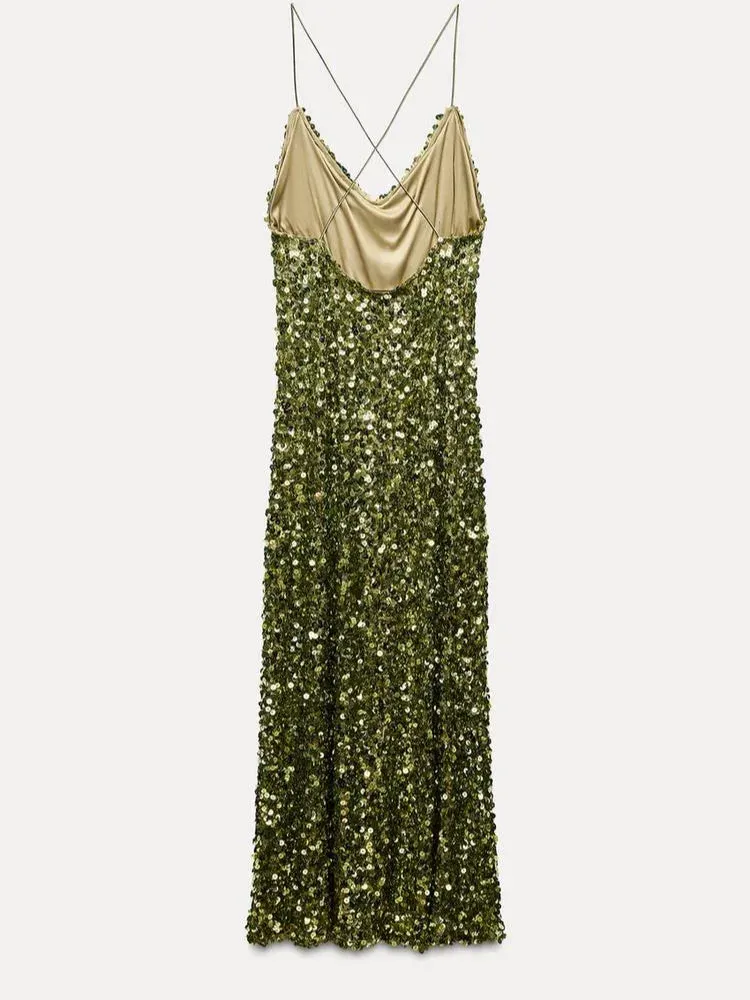 Green Sequin Backless Sling Dress - Sexy Off Shoulder Christmas Party Dress