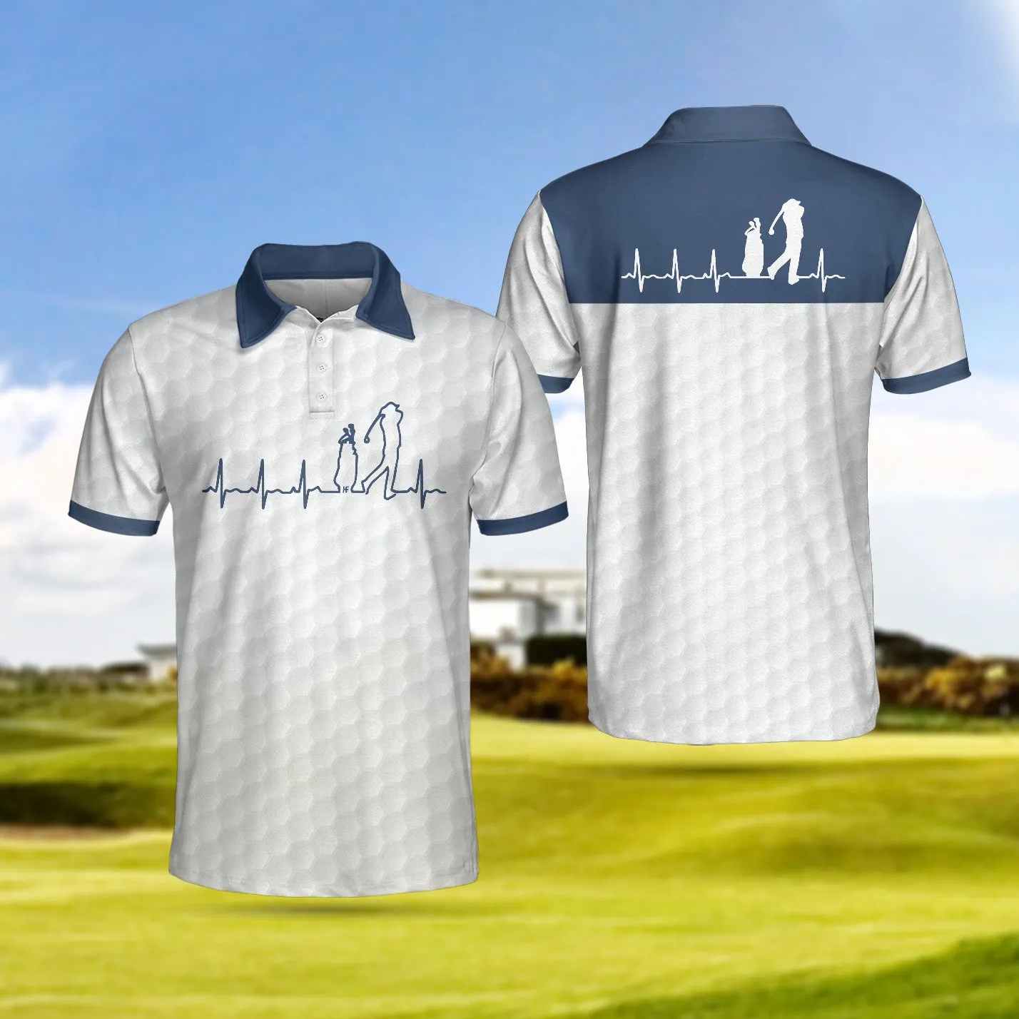 Heartbeat Golfer White And Navy Golf Polo Shirt For Men, Best Gift For Golfers Coolspod