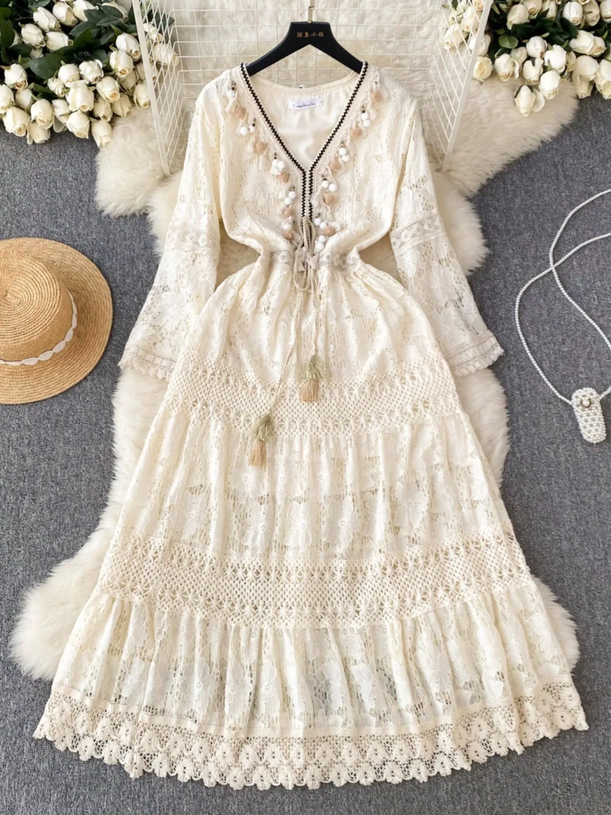 High-grade Party Dress, Hook Flower V-neck Dress ，fringe Fairy Dress, Long-sleeved Dress, Lace Dress      S4476