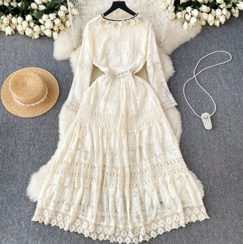 High-grade Party Dress, Hook Flower V-neck Dress ，fringe Fairy Dress, Long-sleeved Dress, Lace Dress      S4476