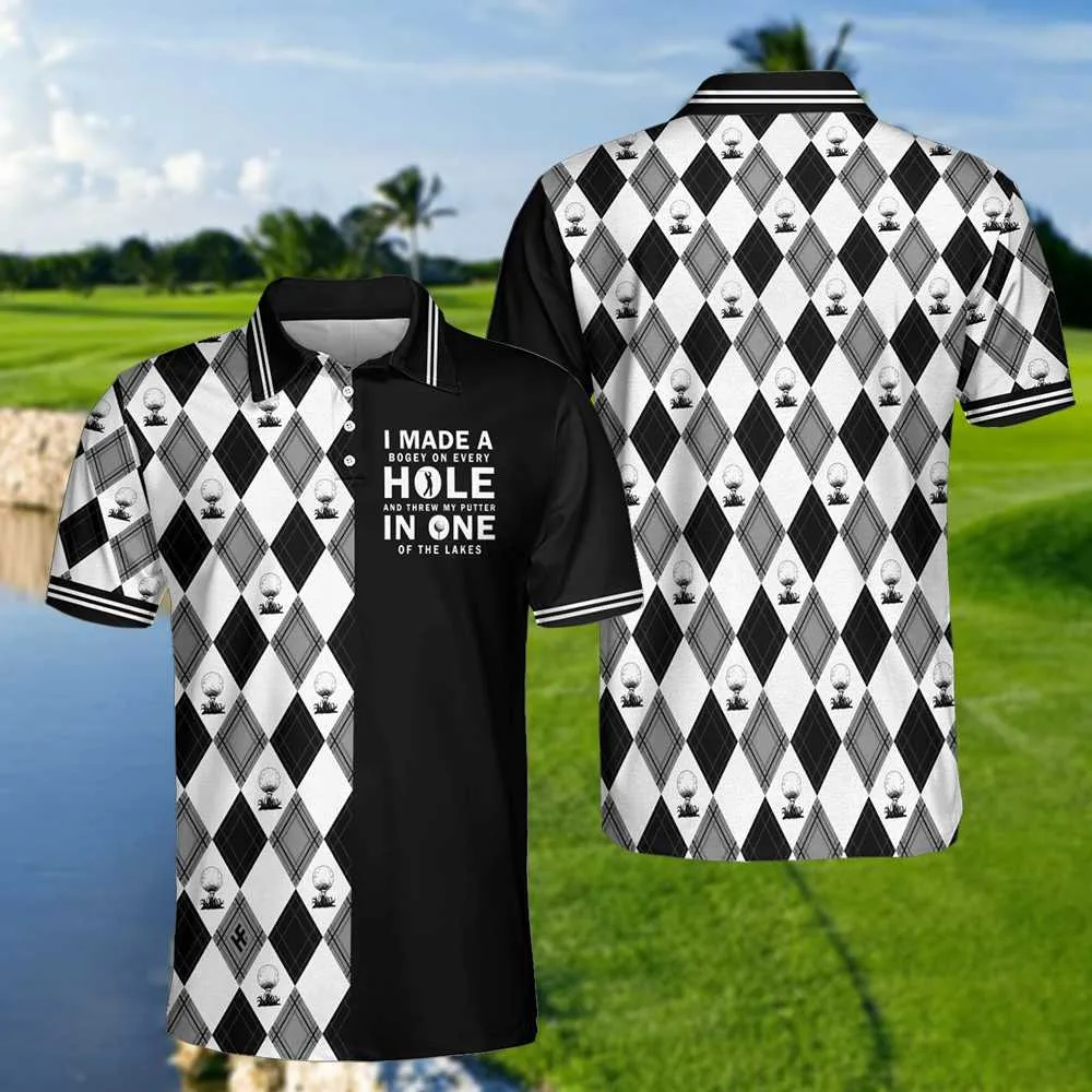 I Made A Bogey On Every Hole Polo Shirt, Black And White Argyle Pattern Polo Shirt, Cool Golf Shirt For Men Coolspod