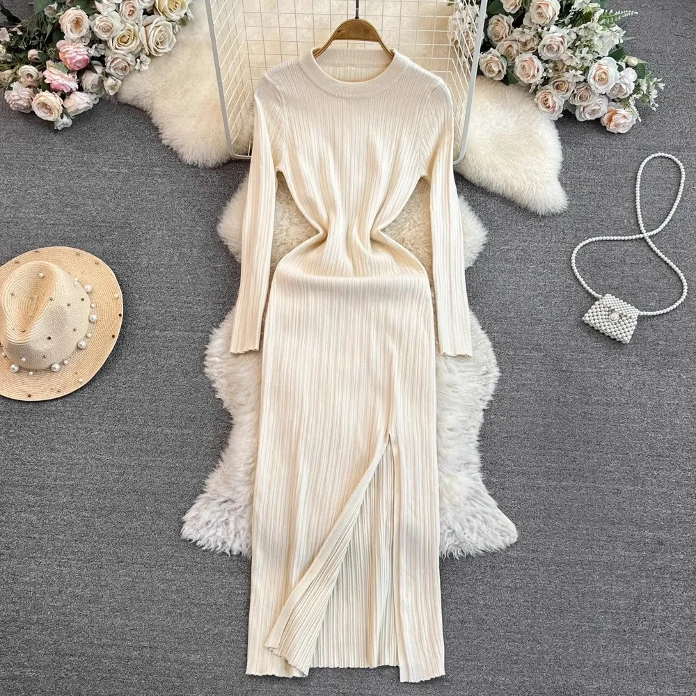 long-sleeved round neck mid-length knitted dress      S4024