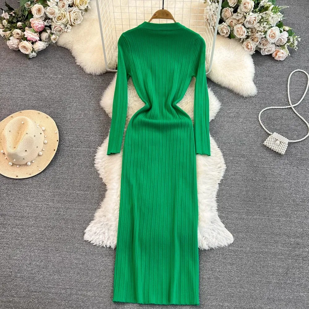 long-sleeved round neck mid-length knitted dress      S4024