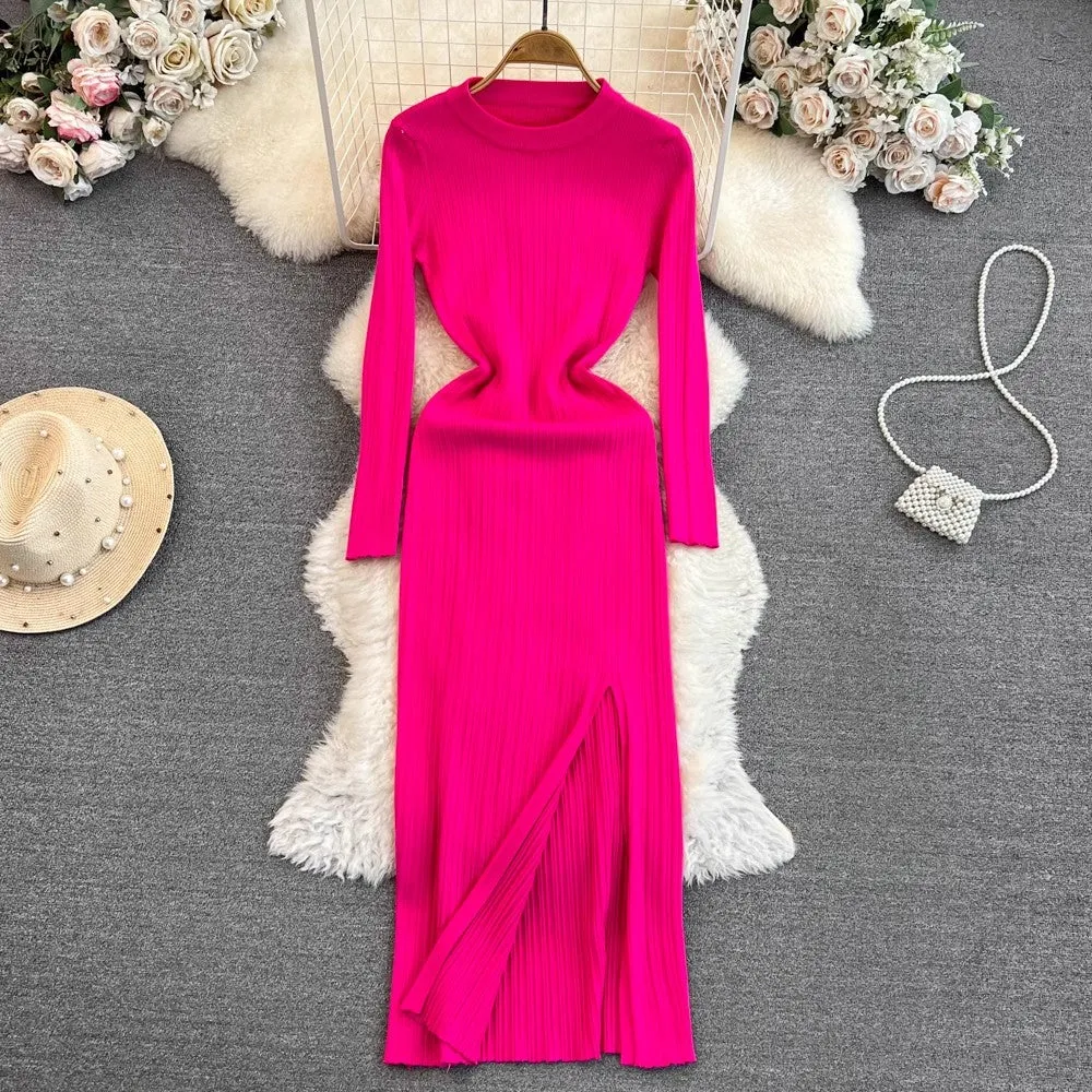 long-sleeved round neck mid-length knitted dress      S4024