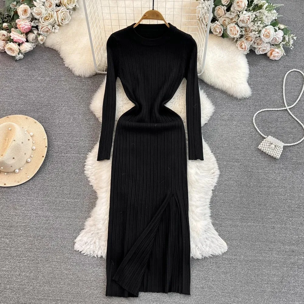 long-sleeved round neck mid-length knitted dress      S4024