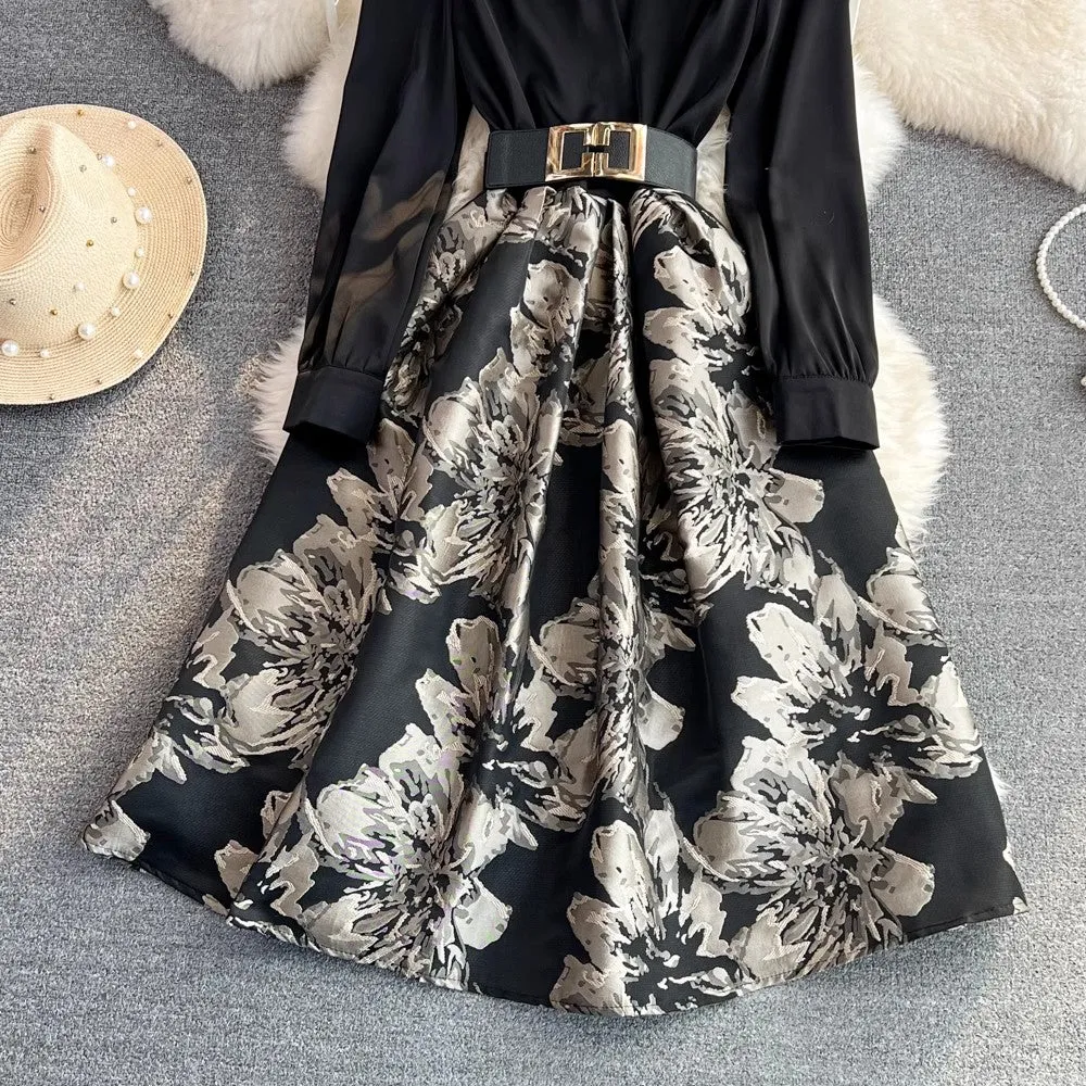 long-sleeved V-neck printed A-line dress elegant long skirt    S4146