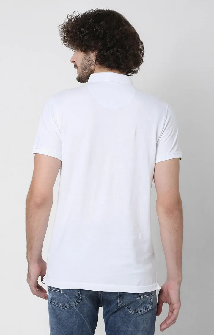 Men Premium White Cotton Slim Fit Polo T-Shirt - Underjeans By Spykar