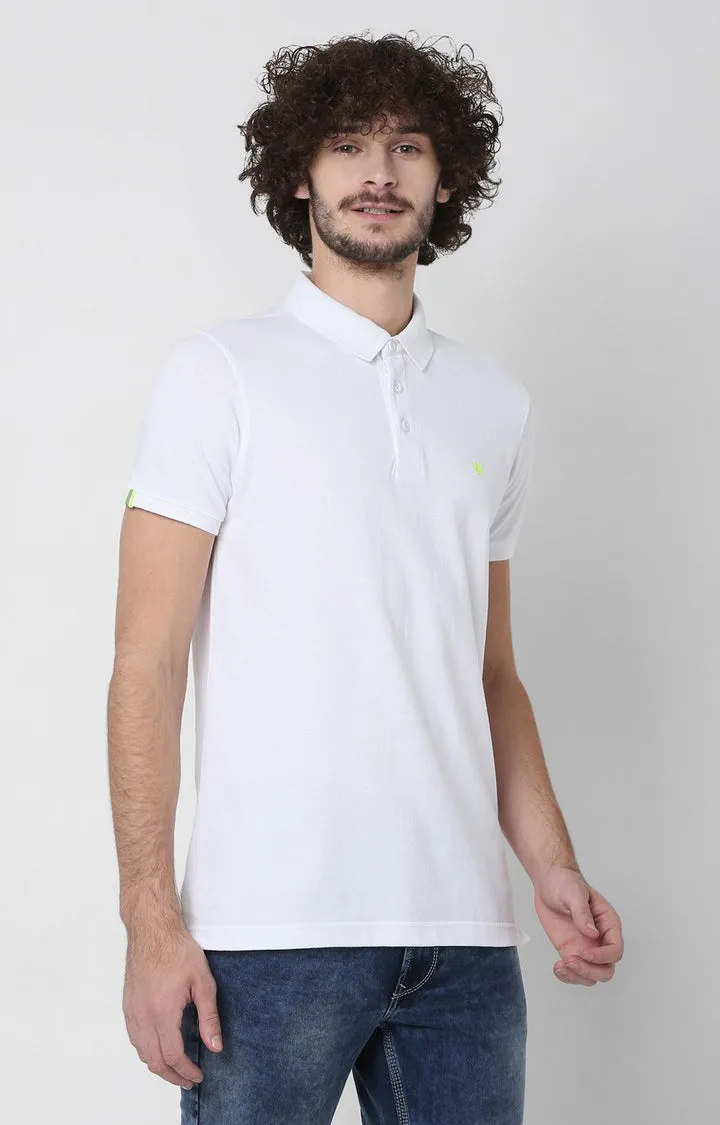 Men Premium White Cotton Slim Fit Polo T-Shirt - Underjeans By Spykar