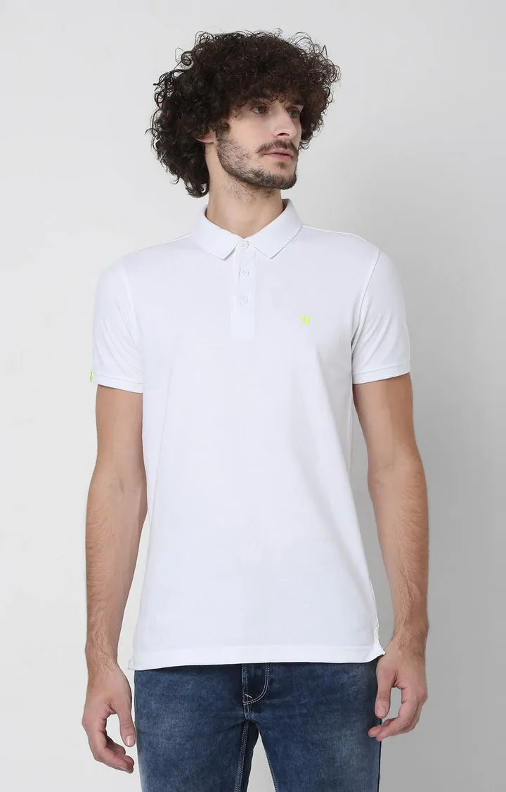 Men Premium White Cotton Slim Fit Polo T-Shirt - Underjeans By Spykar