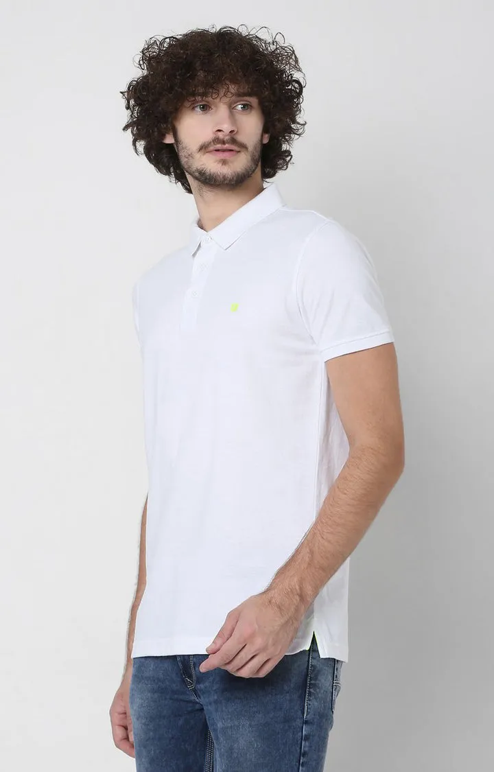 Men Premium White Cotton Slim Fit Polo T-Shirt - Underjeans By Spykar