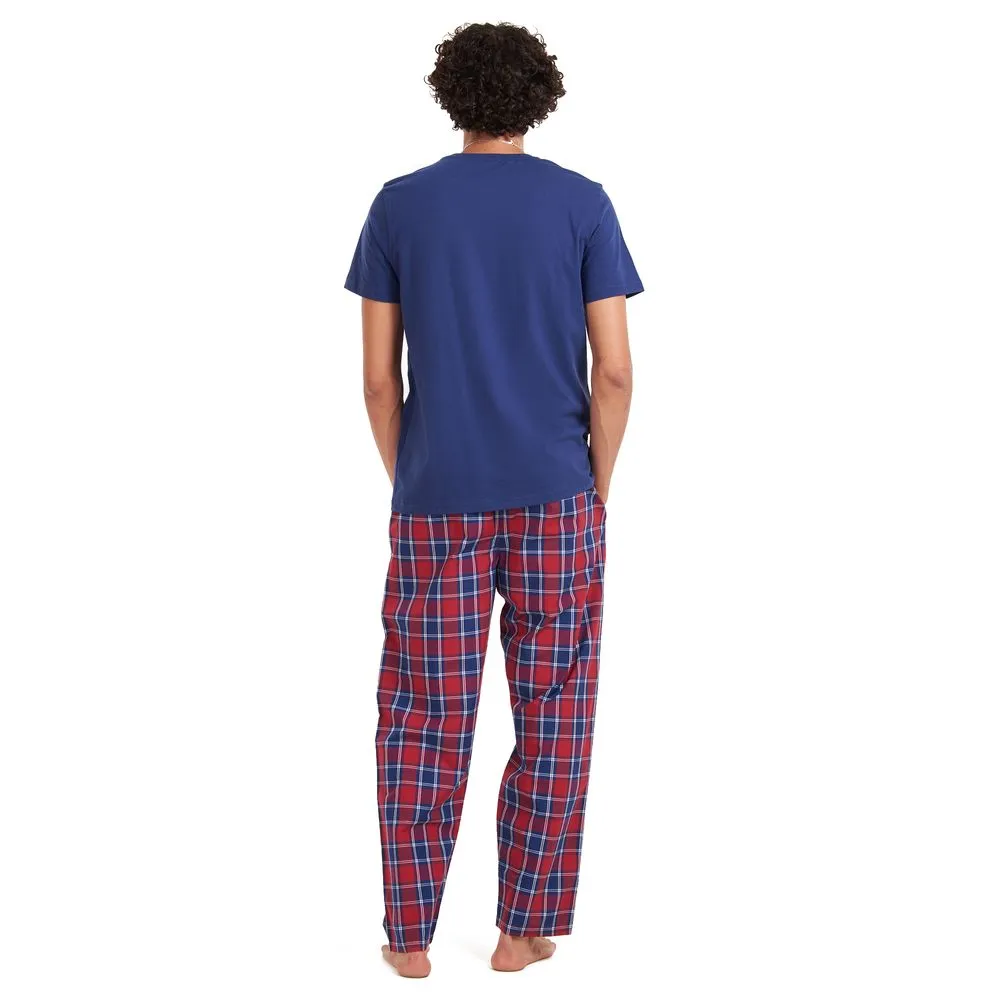 Men summer pajama set Dark blue T-shirt   Red checkered pants