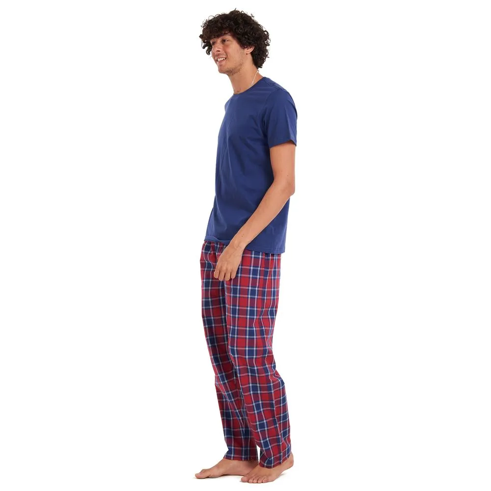 Men summer pajama set Dark blue T-shirt   Red checkered pants