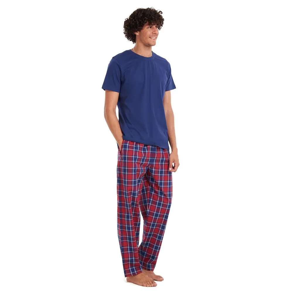 Men summer pajama set Dark blue T-shirt   Red checkered pants