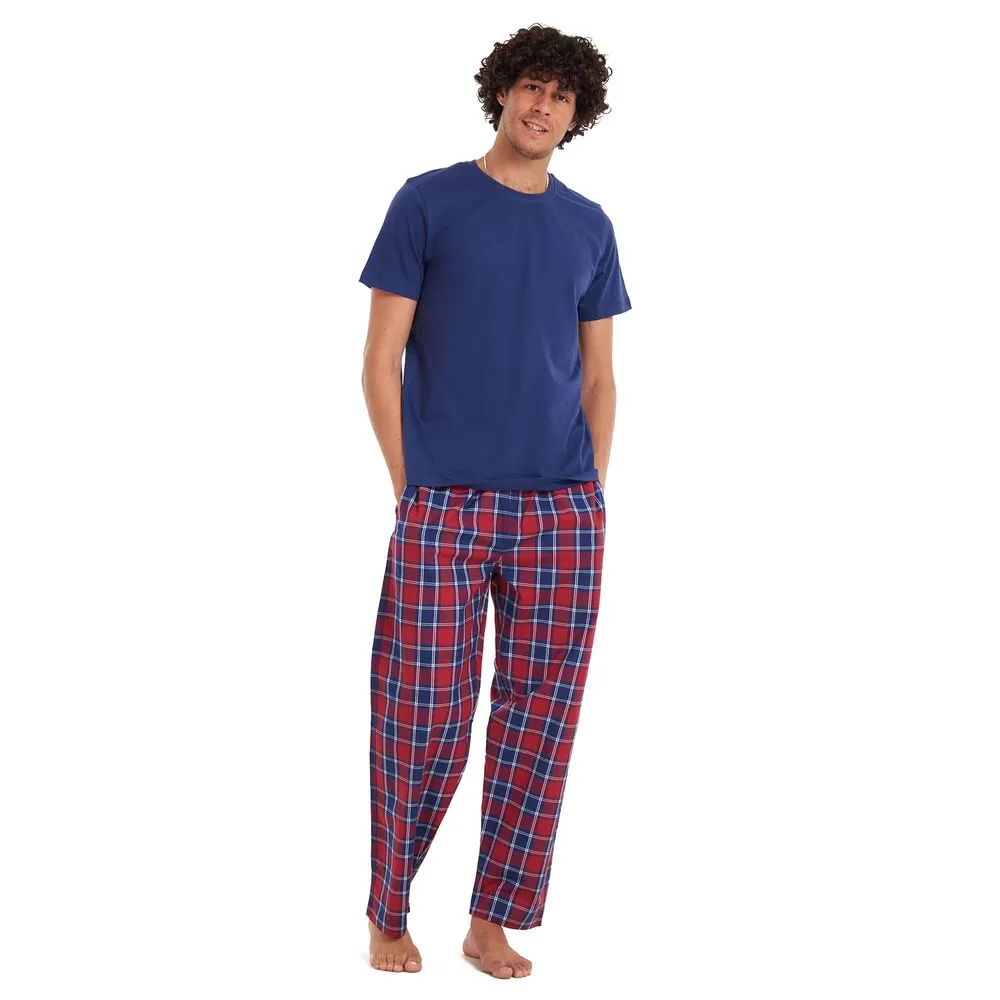 Men summer pajama set Dark blue T-shirt   Red checkered pants