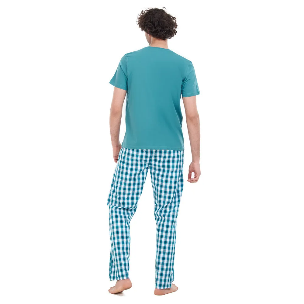 Men summer pajama set Light Green T-shirt   Green Checkered pants