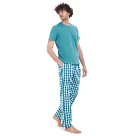 Men summer pajama set Light Green T-shirt   Green Checkered pants