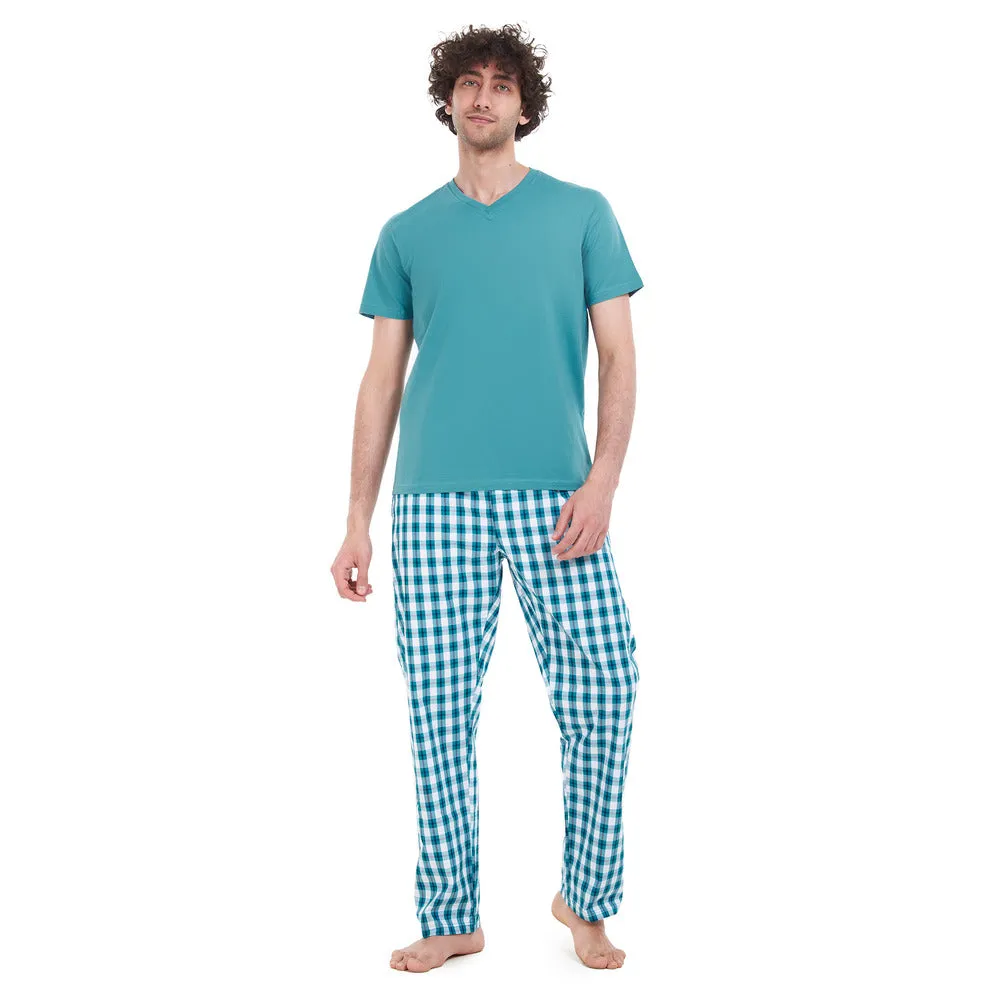 Men summer pajama set Light Green T-shirt   Green Checkered pants