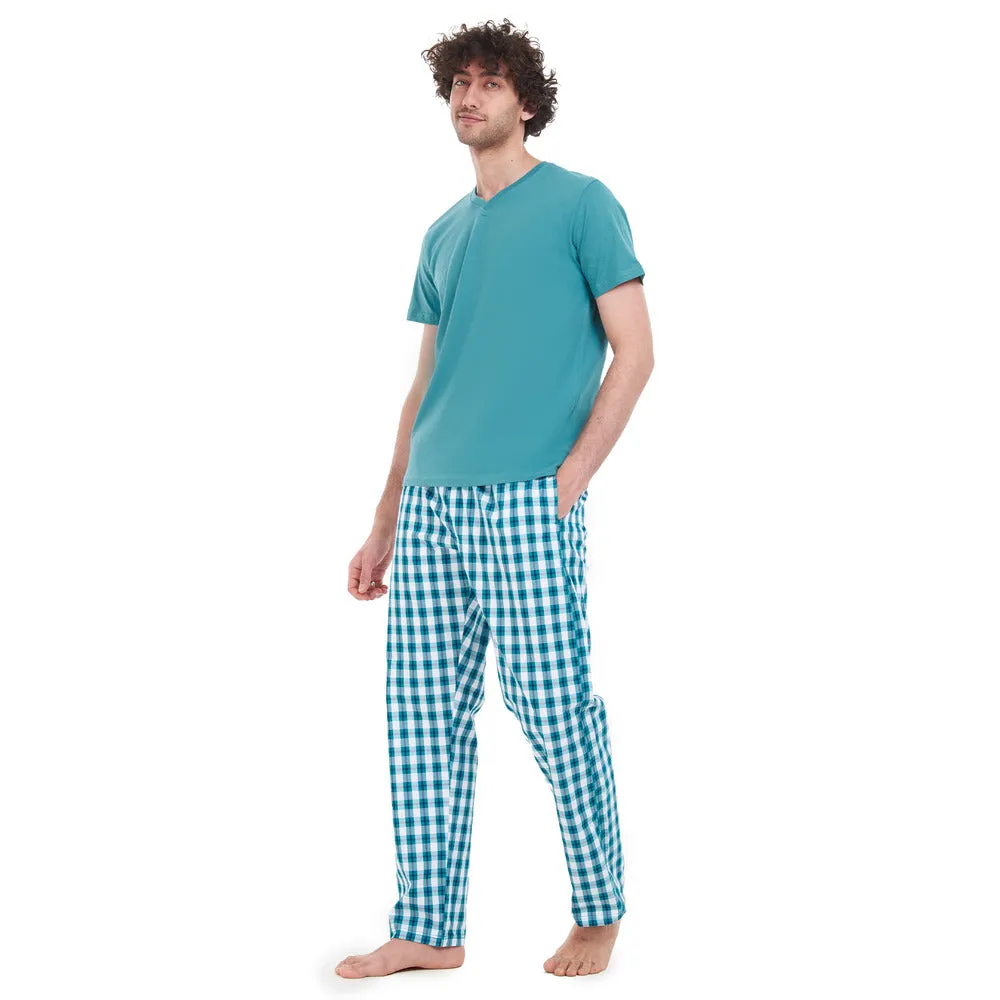 Men summer pajama set Light Green T-shirt   Green Checkered pants