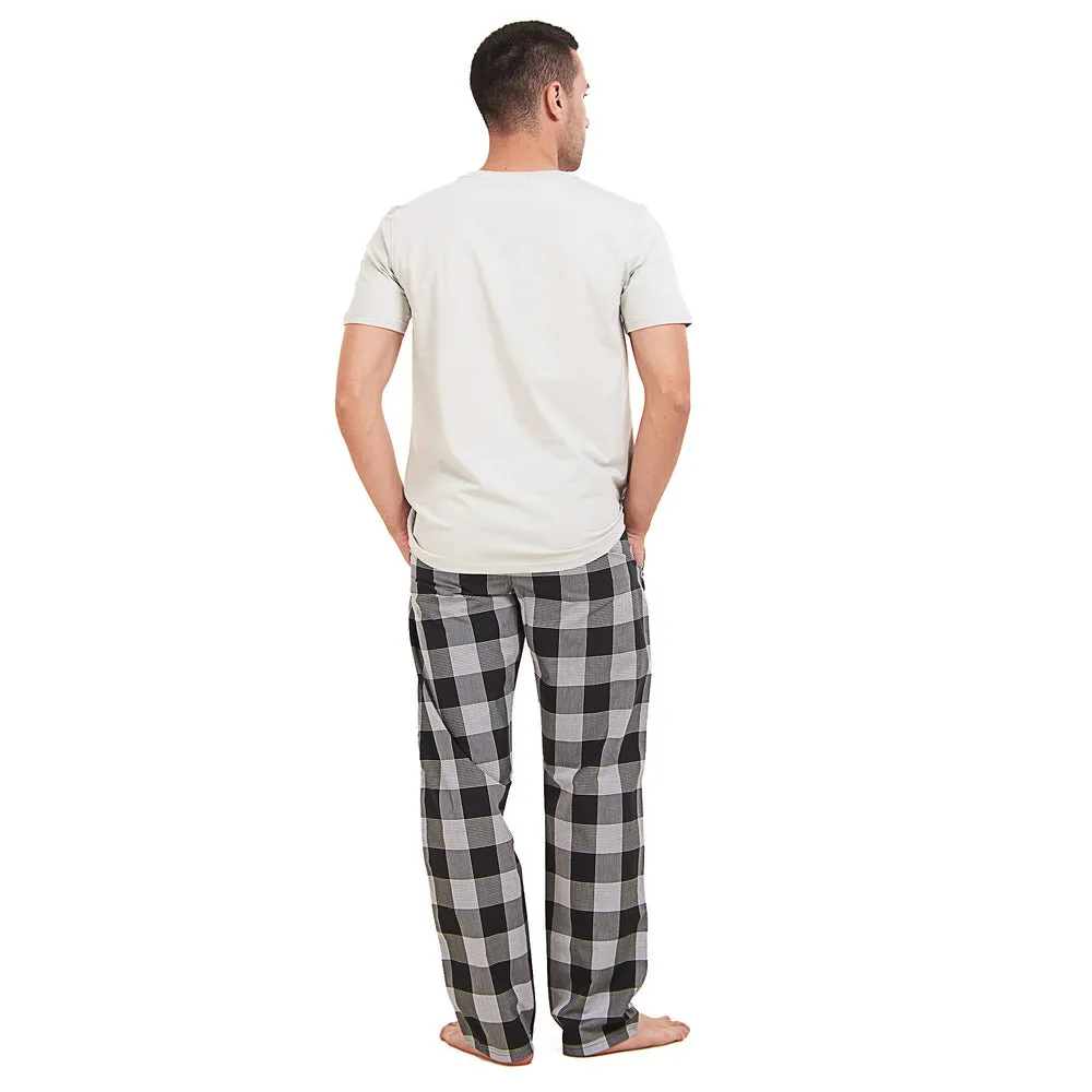 Men summer pajama set Light grey T-shirt   Black x White Checkered Pants