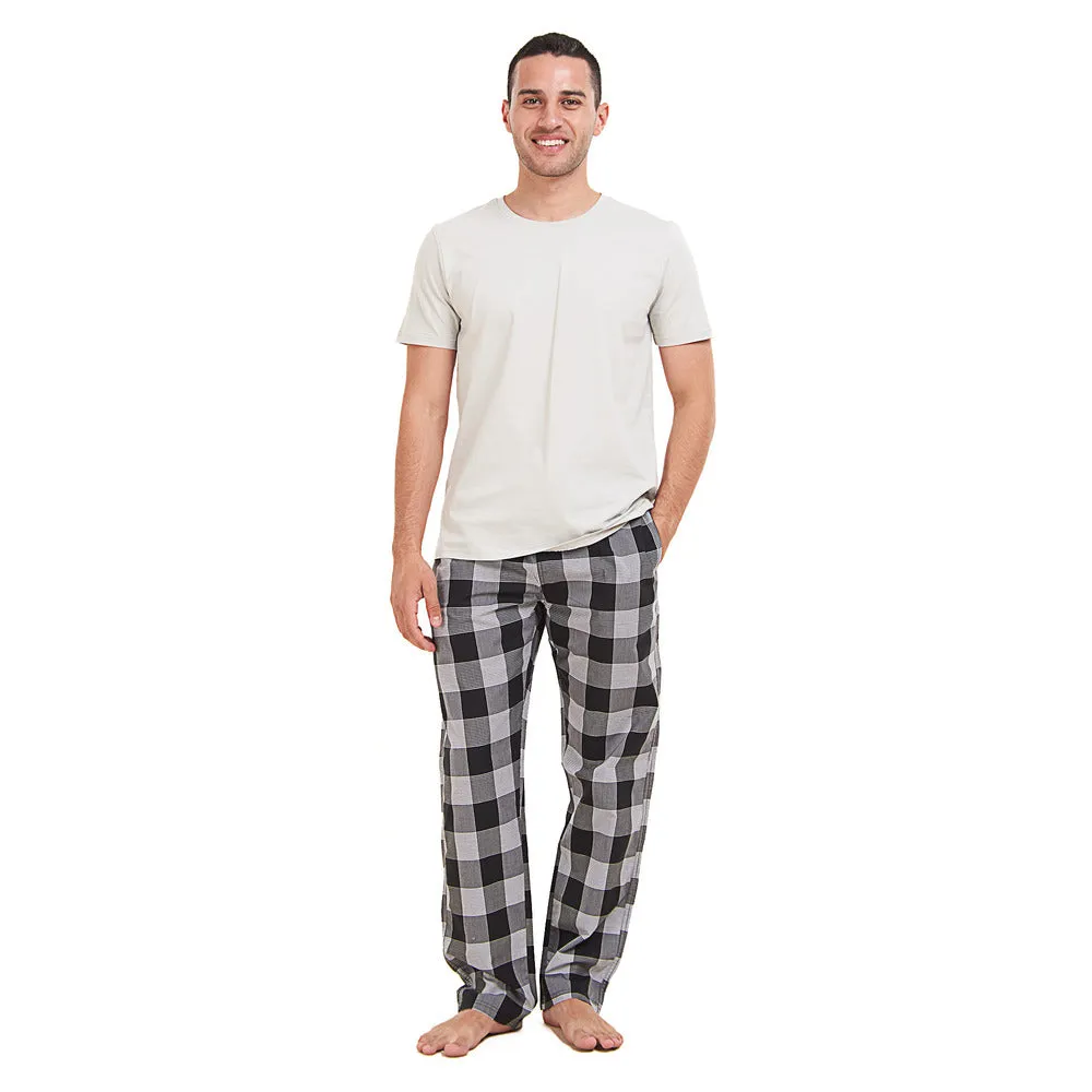 Men summer pajama set Light grey T-shirt   Black x White Checkered Pants