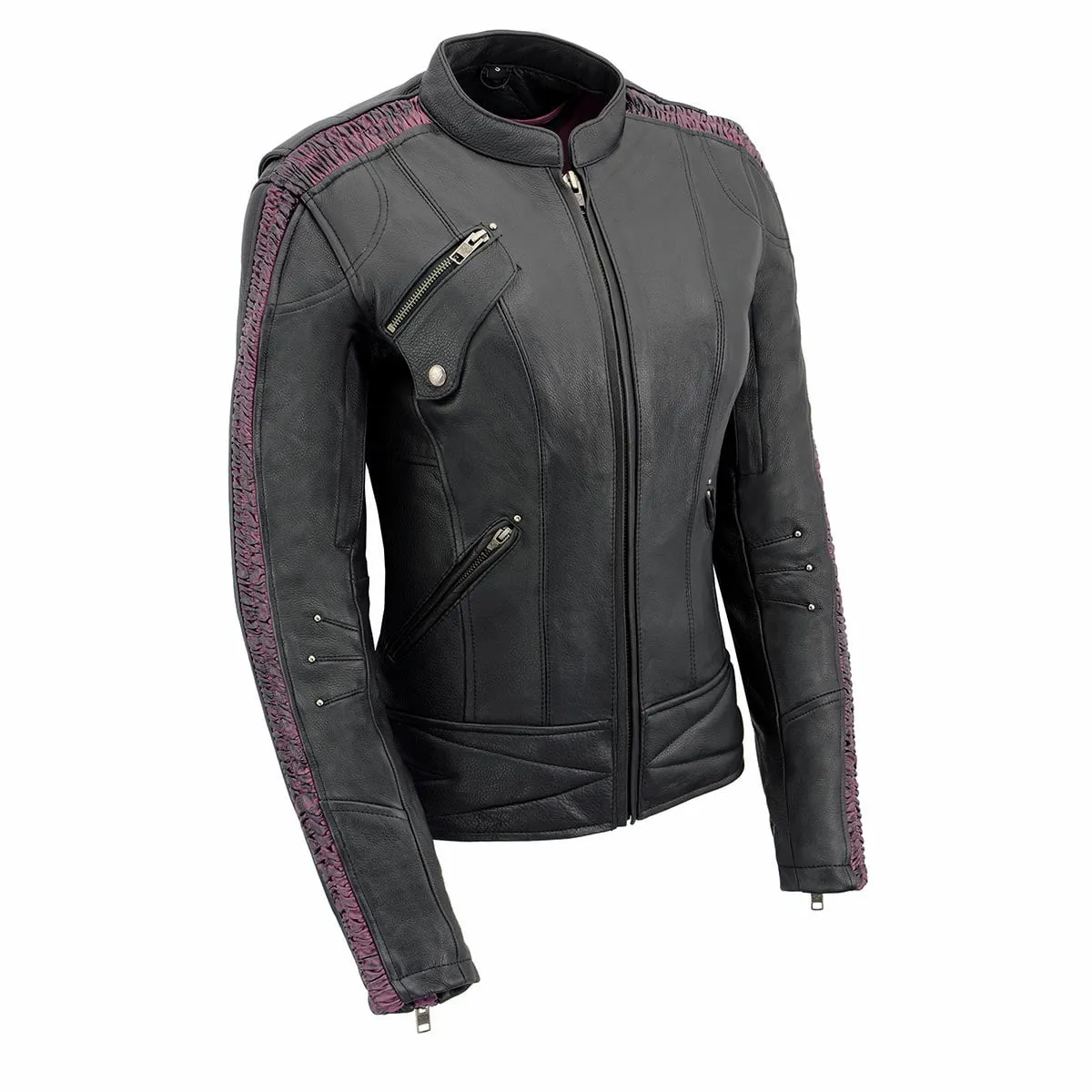 Milwaukee Leather MLL2570 Women's 'Phoenix Embroidered' Black and Purple Motorcycle Leather Jacket