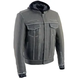 Milwaukee Leather MLM1539 Men's Distressed Grey Leather ‘Utility Pocket’ Vented Jacket with Removable Hoodie