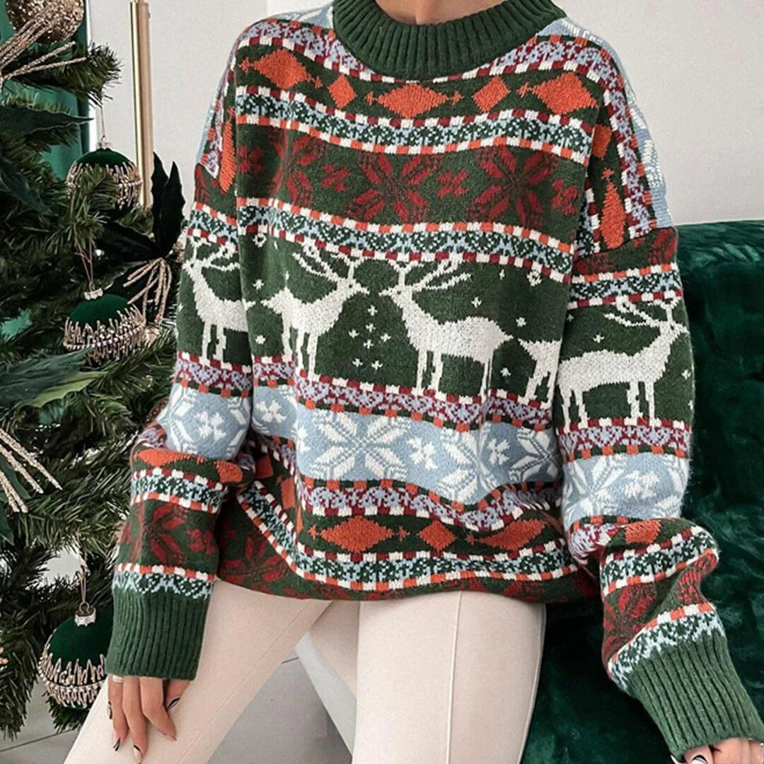 Nordic Fair Isle Crew Neck Oversized Christmas Pullover Sweater - Green