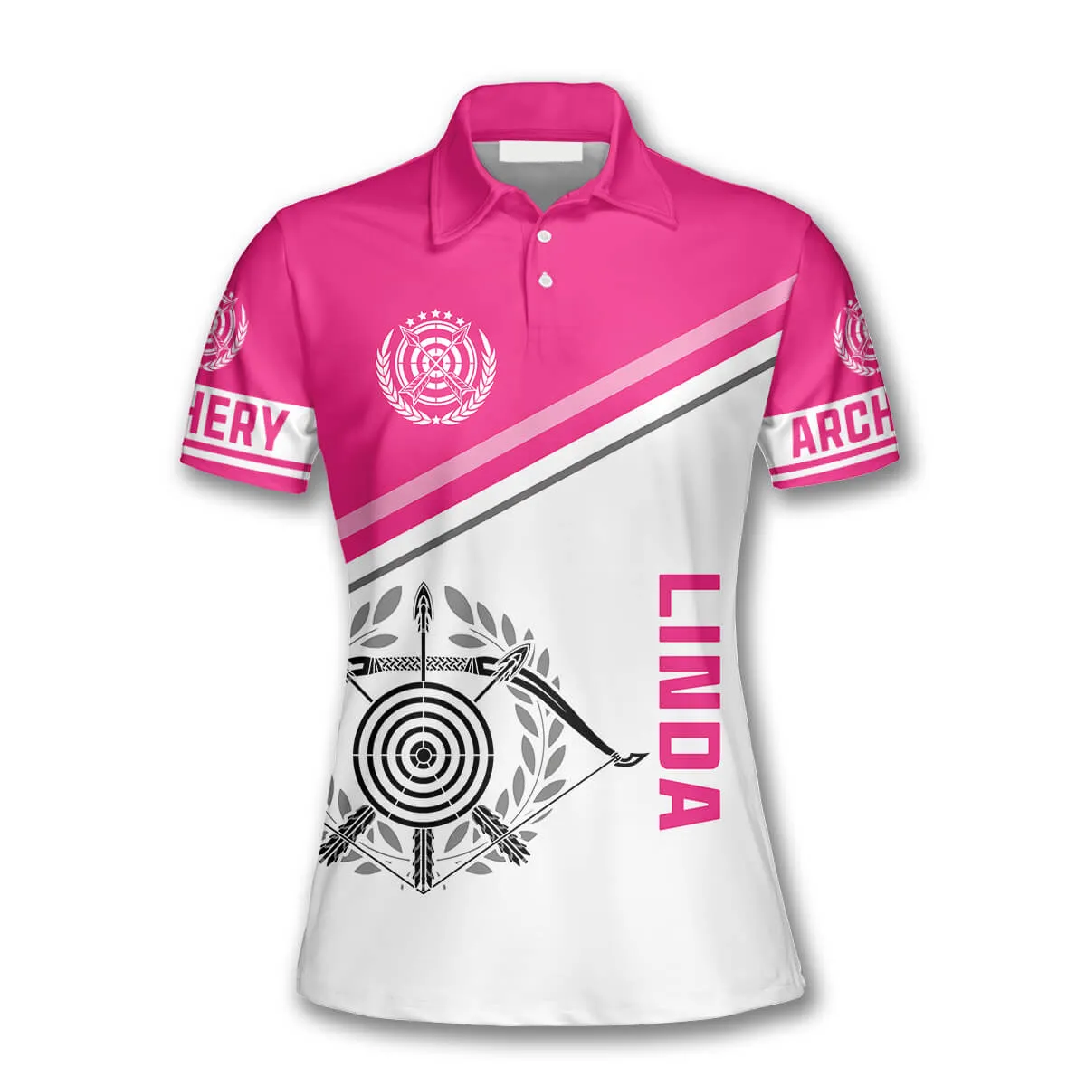 Personalized Pink White Version Emblem Custom Name Archery Polo Shirts for Women