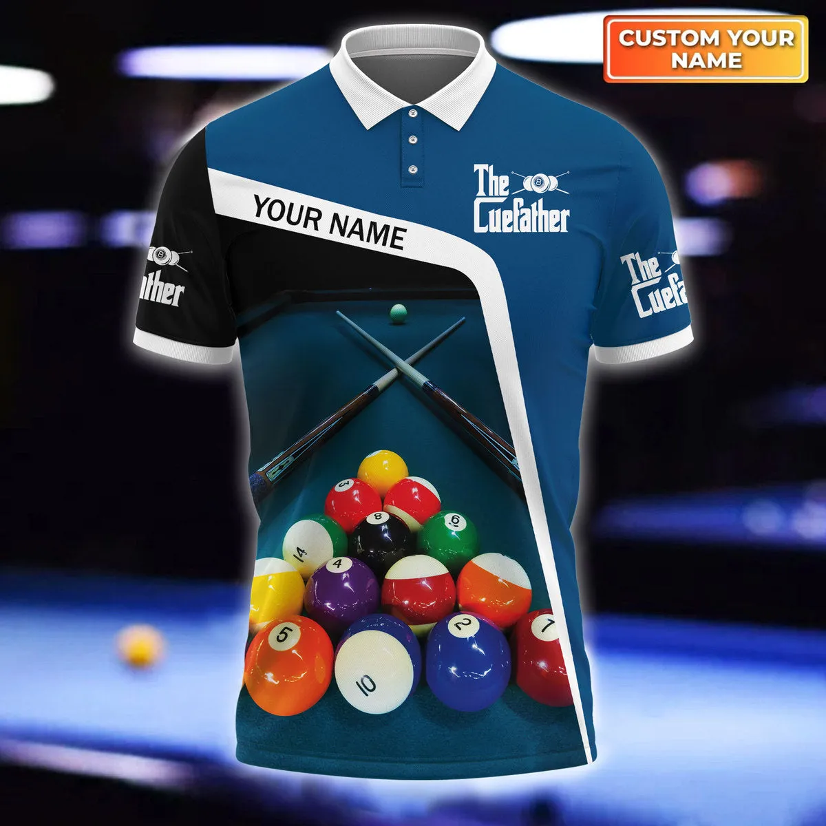 Personalized Sublimation Billiard Art on Polo Shirt, Funny The Cuefather Shirt, Billiard Lover Gift, Billiard Club Uniform