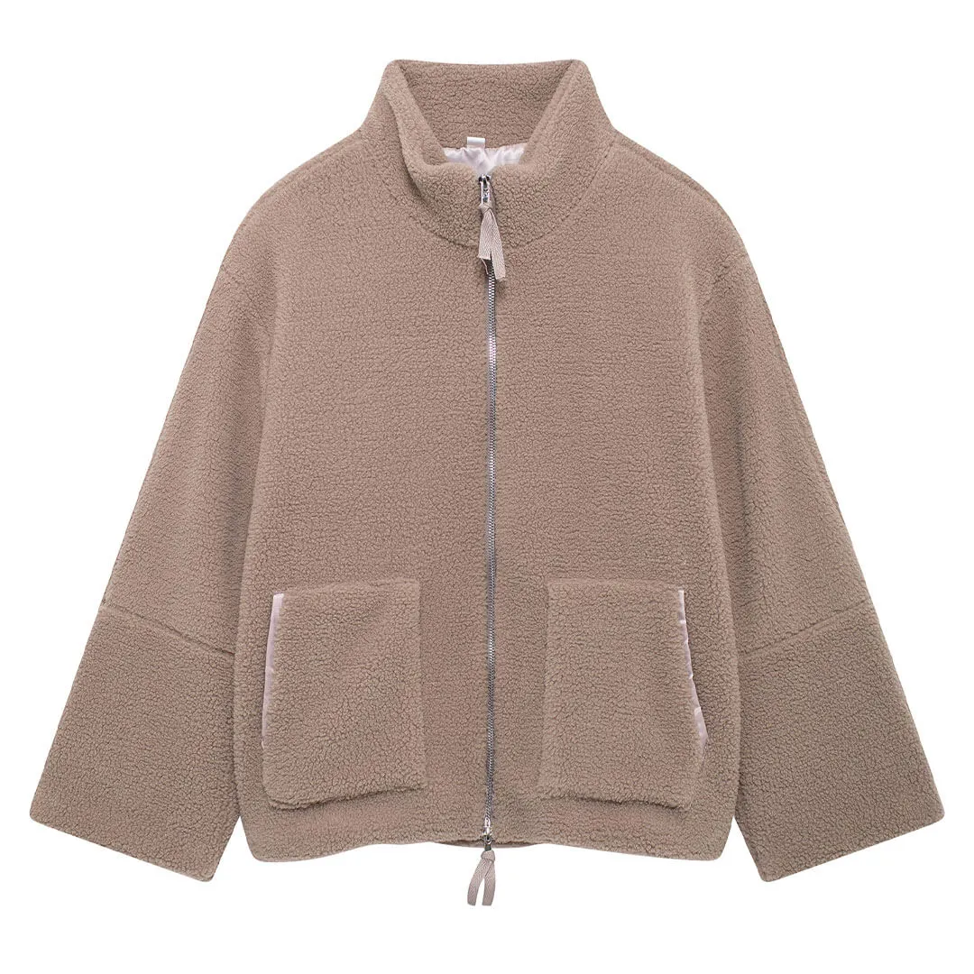 Puffy High Collar Two Way Zip Up Cargo Pocket Long Sleeve Teddy Fleece Jacket