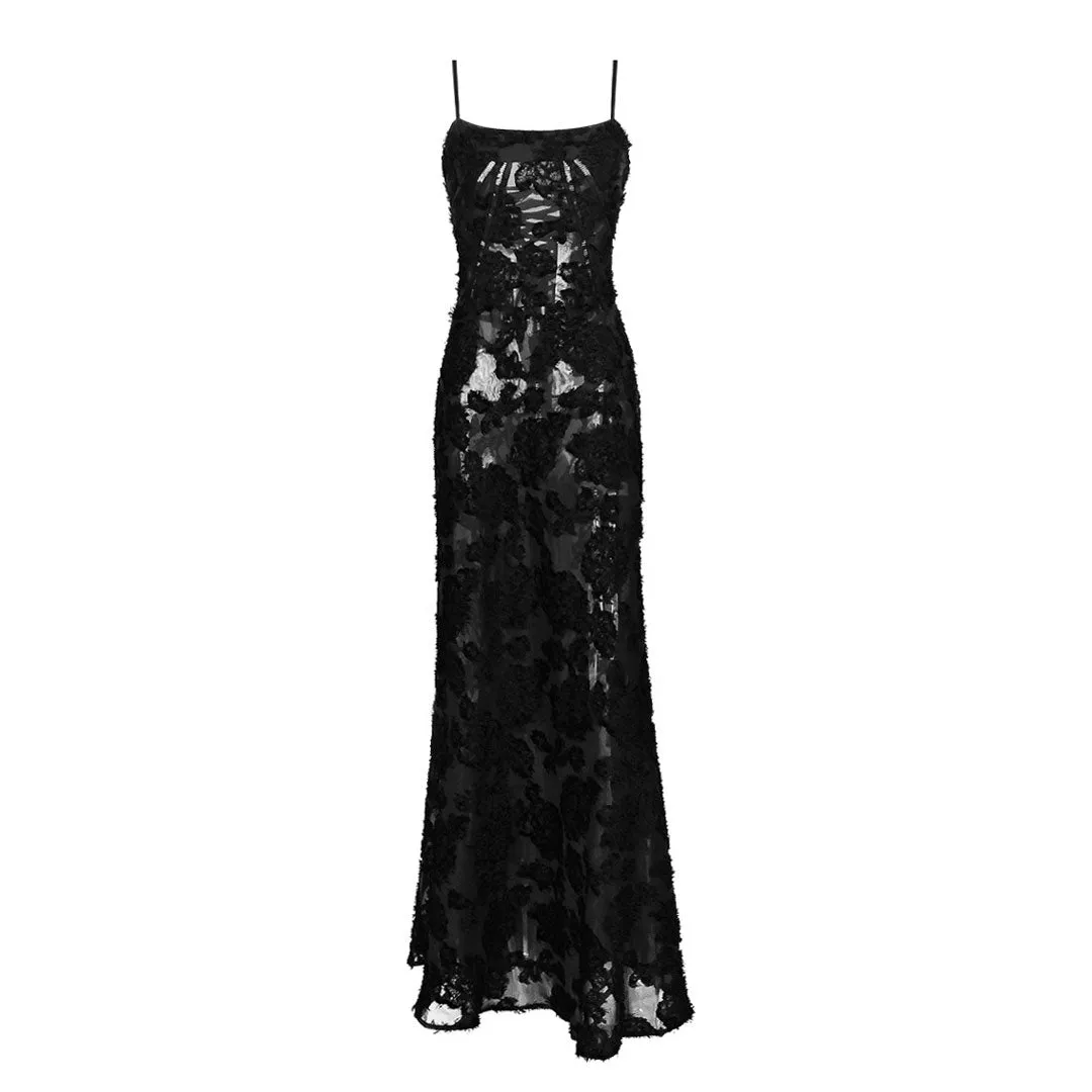 Romantic Sleeveless Lace Up Floral Jacquard Sheer Mesh Slip Maxi Dress