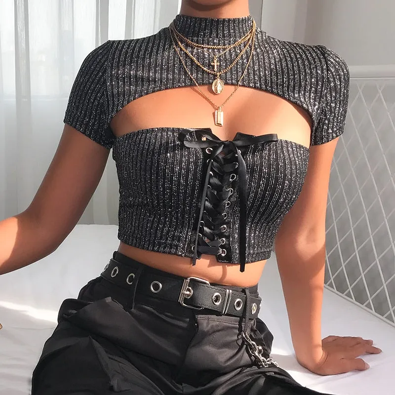 Sexy Hollow Out Slim Fit Lace Up Bandage Crop Top Tees