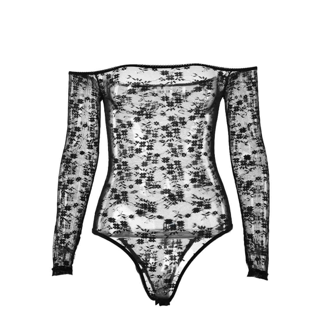 Sexy Sheer Lace Flower Long Sleeve Off Shoulder Bodysuit - Black