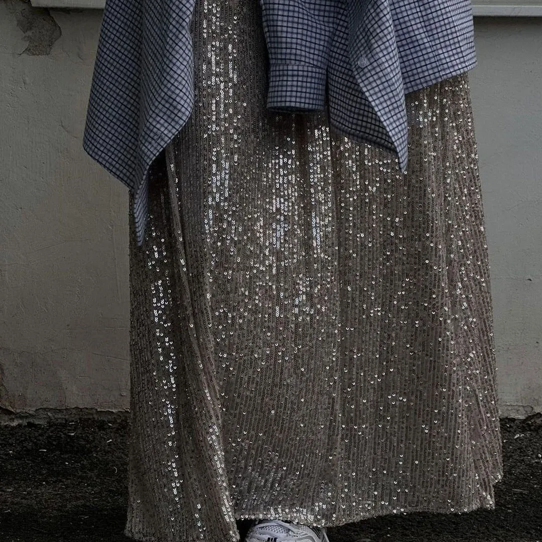 Sparkly Disco Style Drop Waist A Line Party Maxi Sequin Skirt - Silver