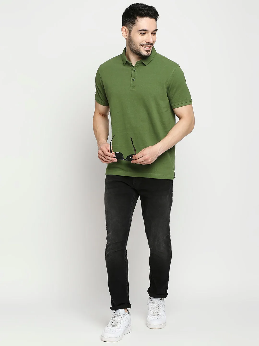 Spykar Cactus Green Cotton Half Sleeve Plain Polo Casual T-Shirts For Men