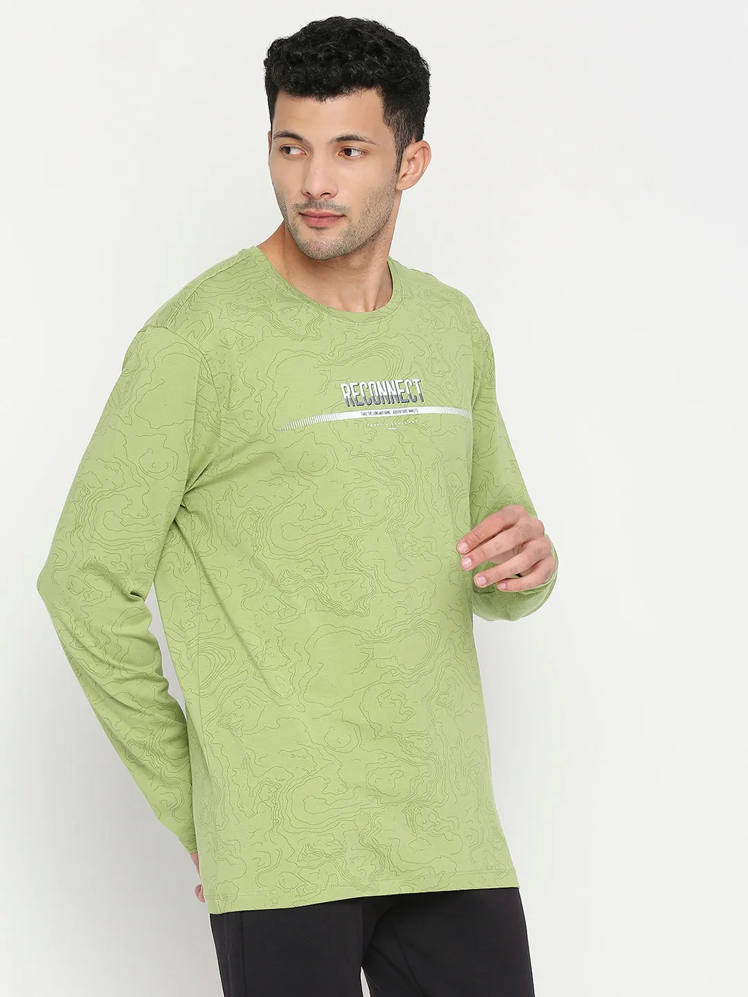 Spykar Dusty Green Cotton Blend Full Sleeve Printed Casual T-Shirt For Men