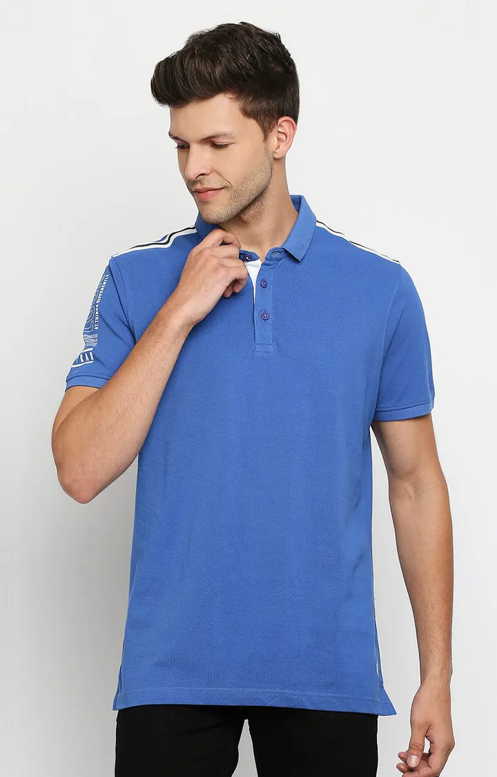 Spykar Men Blue Cotton Slim Fit Round Neck Polo T-Shirt