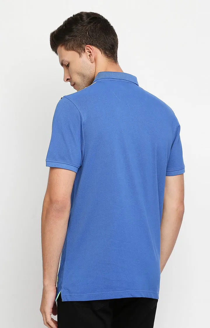 Spykar Men Blue Cotton Slim Fit Round Neck Polo T-Shirt