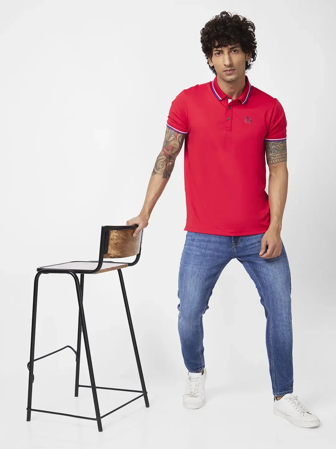 Spykar Men Deep Red Blended Slim Fit Half Sleeve Polo Neck Plain Tshirt