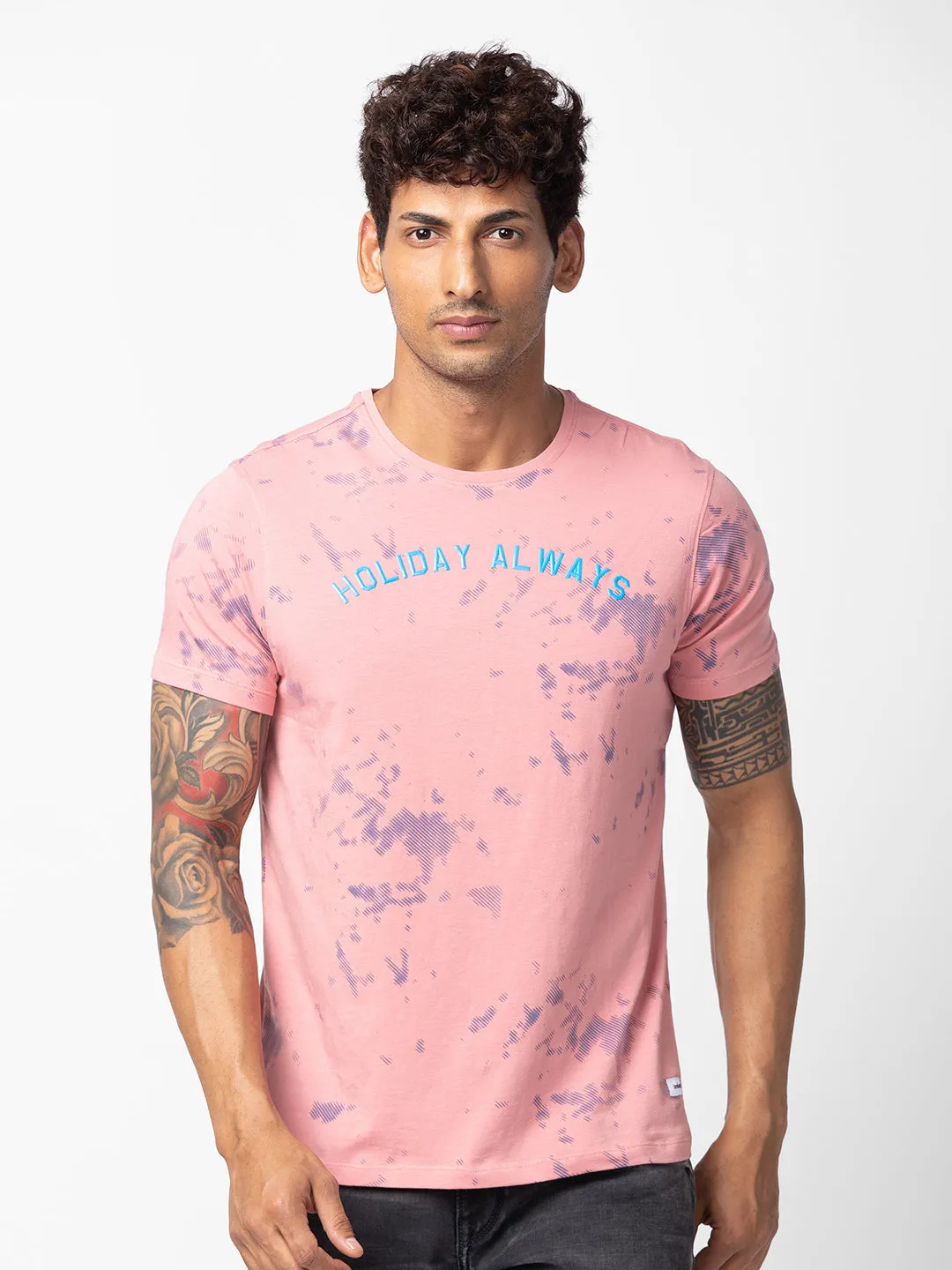 Spykar Men Dusty Pink Cotton Regular Fit Half Sleeve Printed T-Shirt