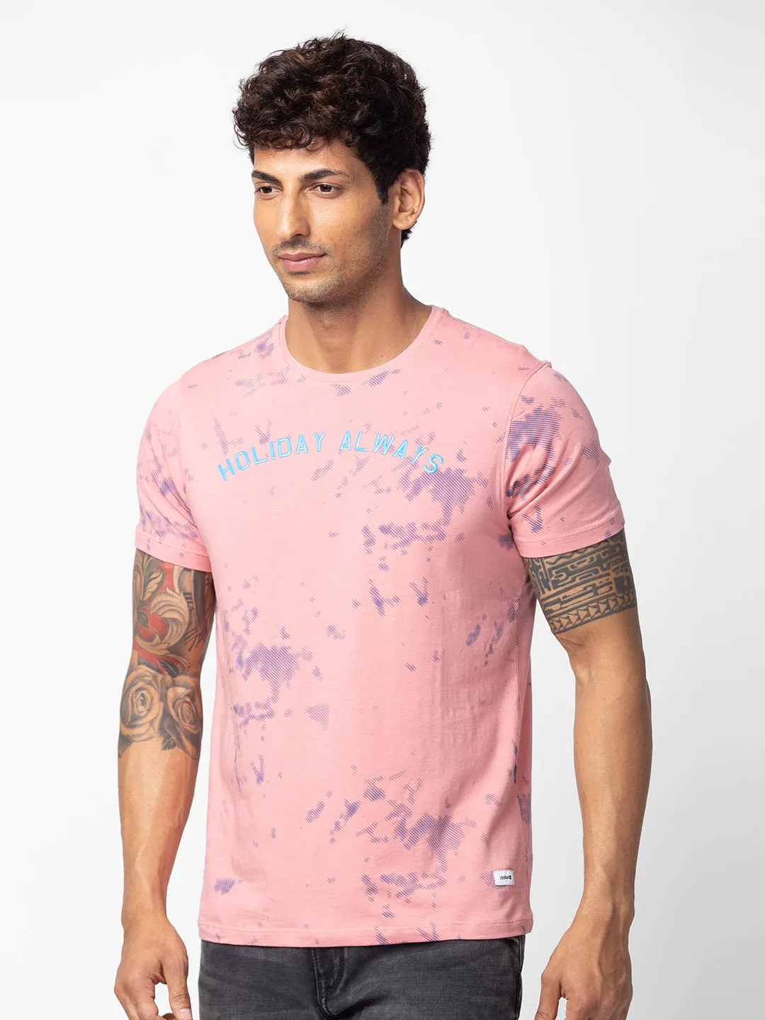 Spykar Men Dusty Pink Cotton Regular Fit Half Sleeve Printed T-Shirt