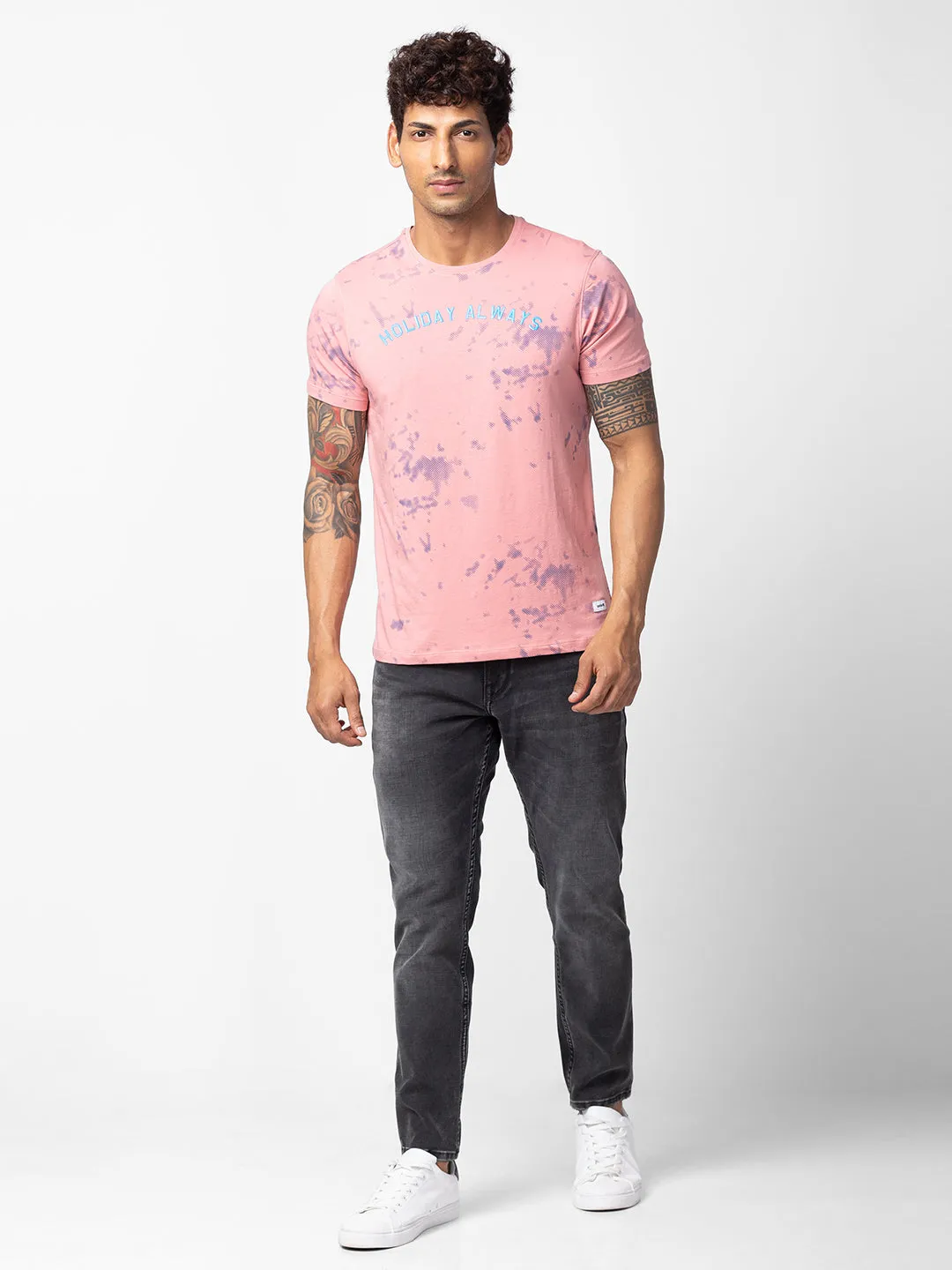 Spykar Men Dusty Pink Cotton Regular Fit Half Sleeve Printed T-Shirt