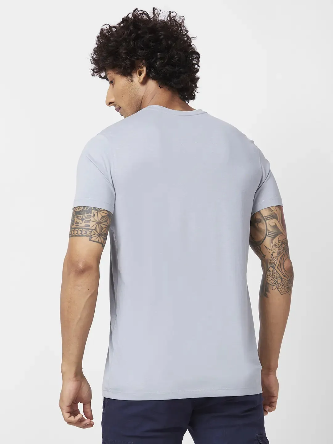 Spykar Men Grey Blended Slim Fit Half Sleeve Round Neck Printed Tshirt