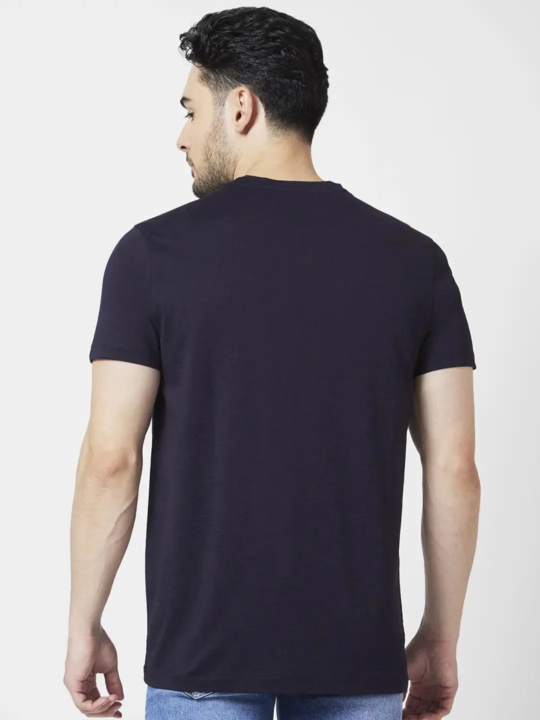 Spykar Men Navy Blue Blended Slim Fit Half Sleeve Round Neck Printed Tshirt