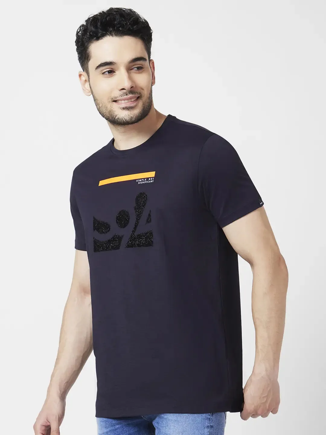 Spykar Men Navy Blue Blended Slim Fit Half Sleeve Round Neck Printed Tshirt