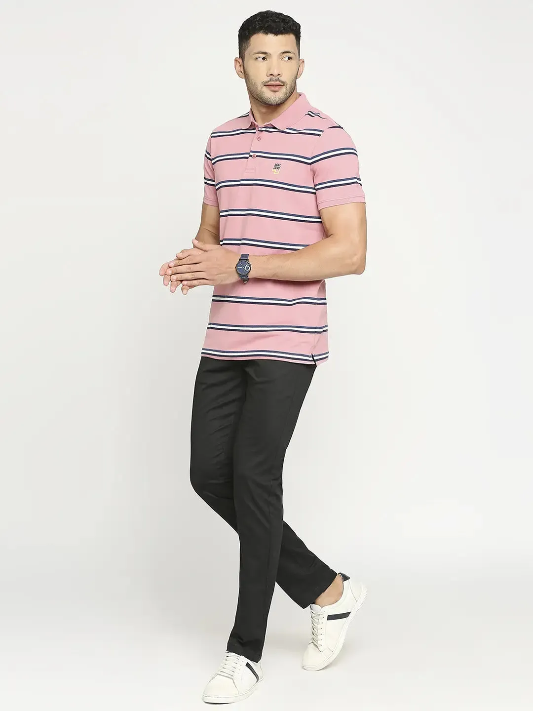 Spykar Men Pink Blended Regular Fit Striped Polo Tshirt