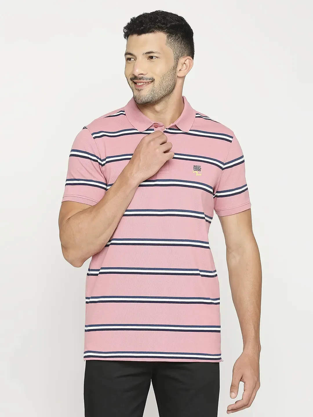 Spykar Men Pink Blended Regular Fit Striped Polo Tshirt