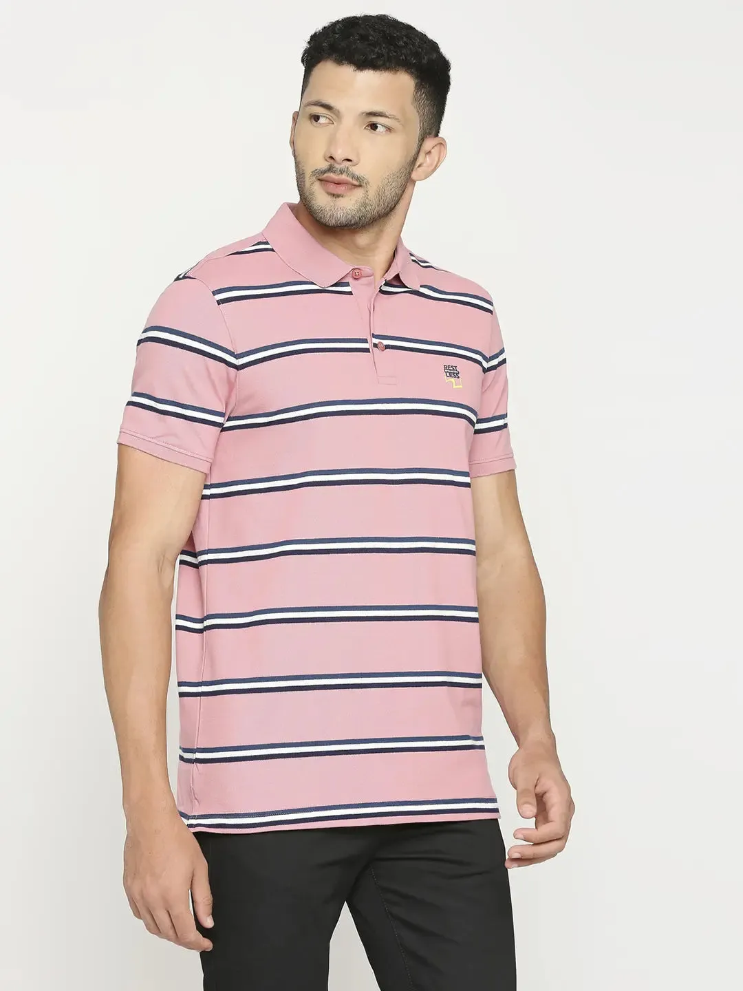 Spykar Men Pink Blended Regular Fit Striped Polo Tshirt