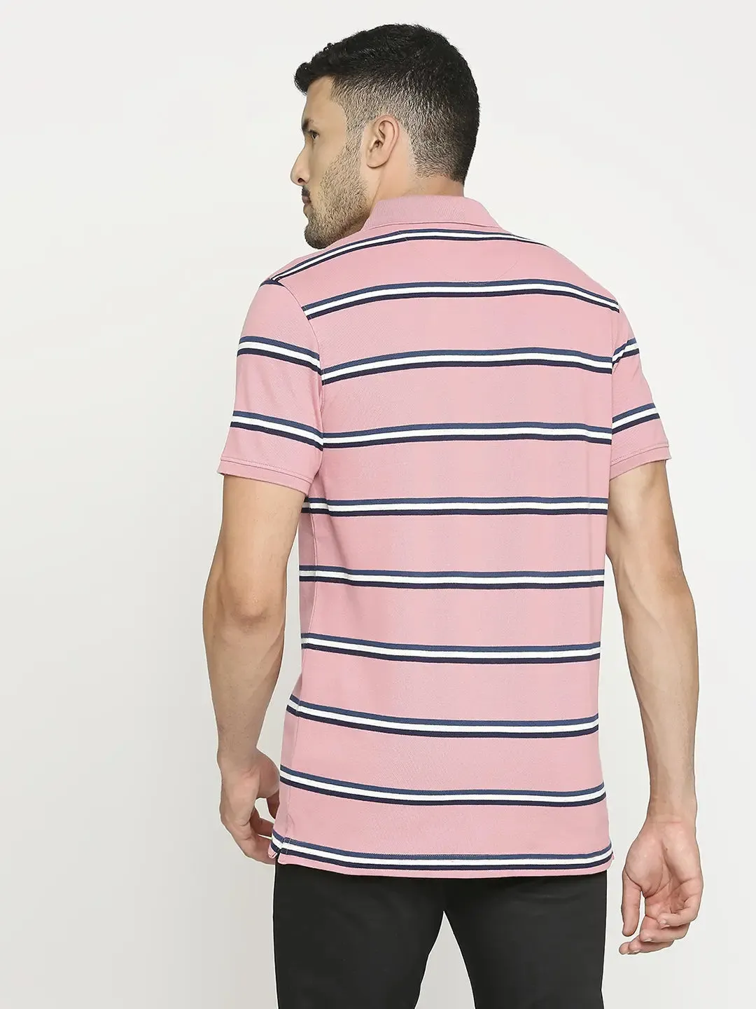 Spykar Men Pink Blended Regular Fit Striped Polo Tshirt