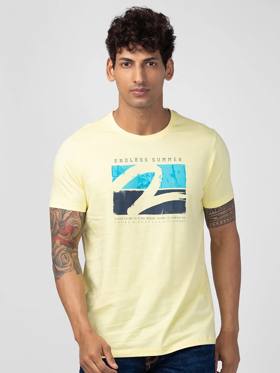 Spykar Men Powder Yellow Cotton Regular Fit Half Sleeve Printed T-Shirt